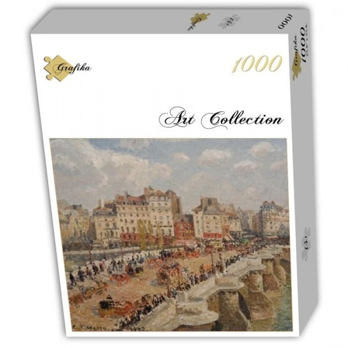 Impressionist oil painting of a busy Parisian street scene near a bridge, featuring horse-drawn carriages and architecture.