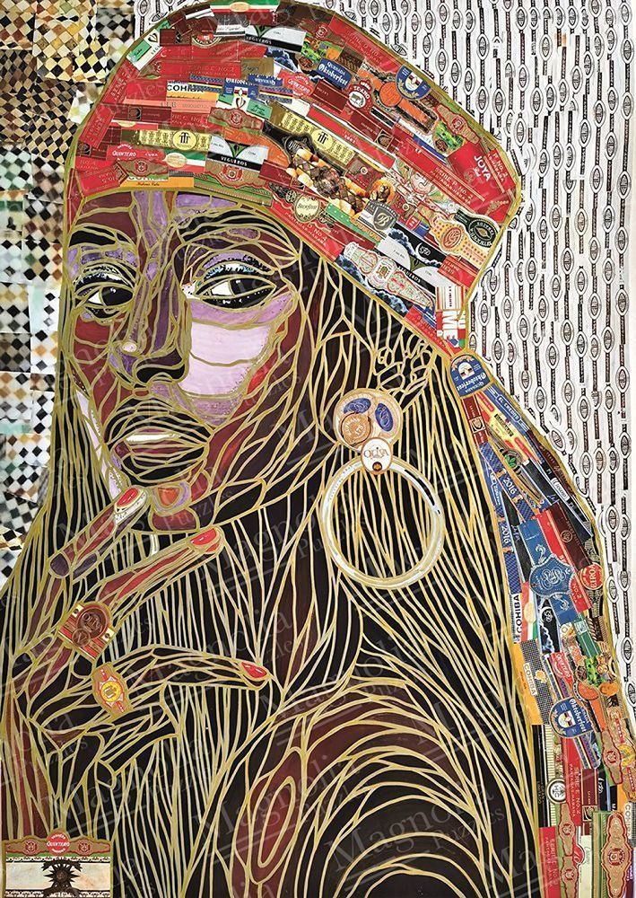 A mixed-media portrait collage of a person with dark hair and a head wrap, constructed from cigar bands and linear patterns.