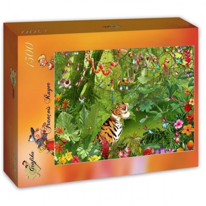 A whimsical jungle scene featuring a tiger looking up at exotic birds and plants in a colorful cartoon illustration.