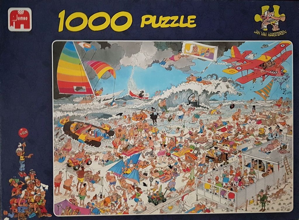A busy cartoon illustration of a chaotic beach scene with a large wave, a rainbow sailboat, and a red biplane.