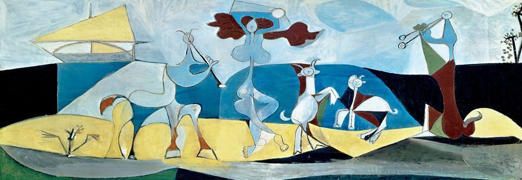 Cubist style painting of figures dancing and playing instruments on a Mediterranean shore.