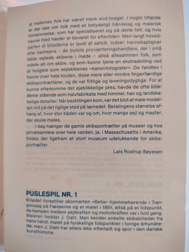 Danish informational text describing the history of ship portrait painting and a specific schooner named Bella.