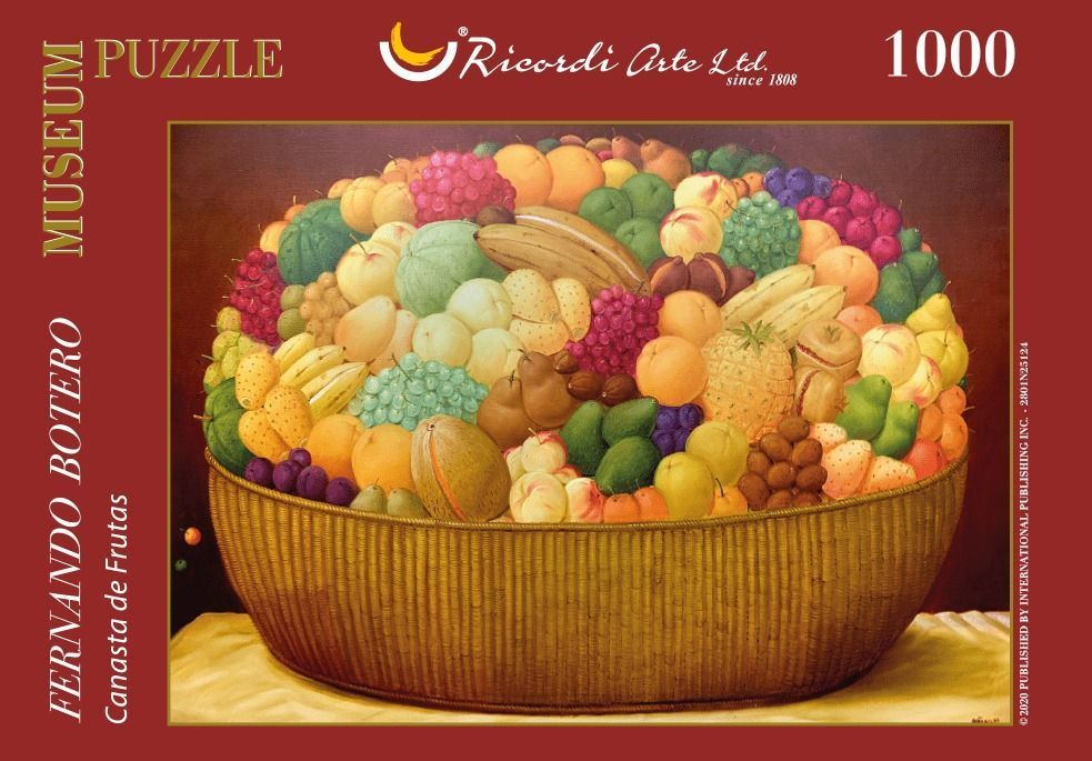 Still life painting of a large wicker basket overflowing with various fruits in the style of Fernando Botero.