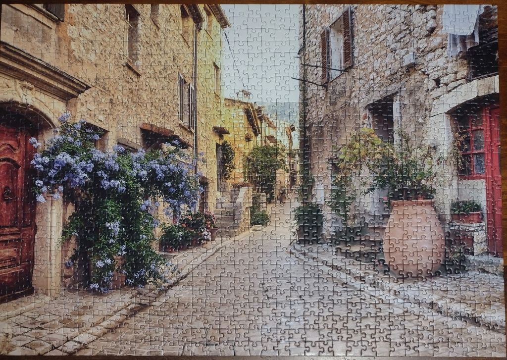A narrow, stone-paved street in a European village lined with old buildings, blue flowers, and terra cotta pots.