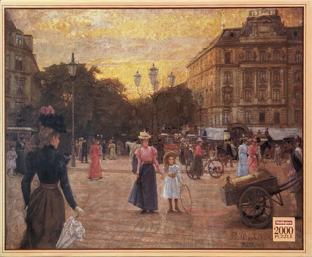 Impressionist oil painting of a late 19th-century European city square at sunset with people strolling.