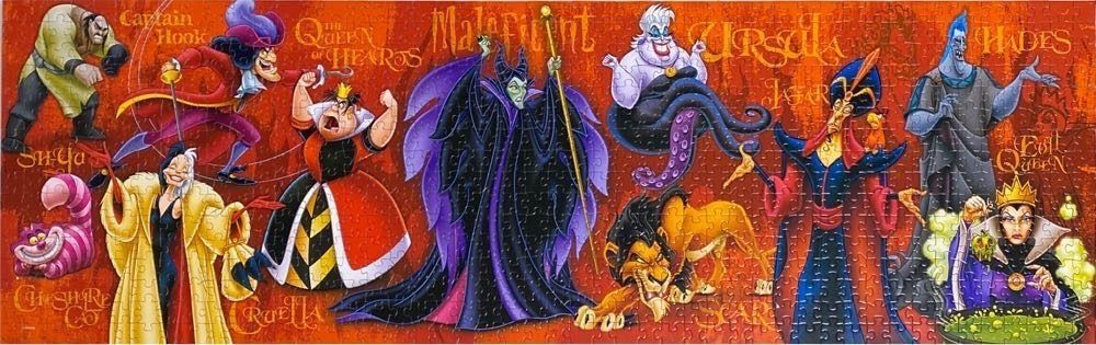 A panoramic illustration of ten iconic Disney villains arranged against a textured orange background.