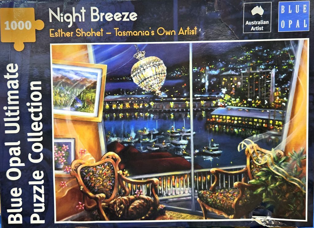 An oil painting looking out from a warm interior over a dark harbor at night, illuminated by a glowing chandelier.