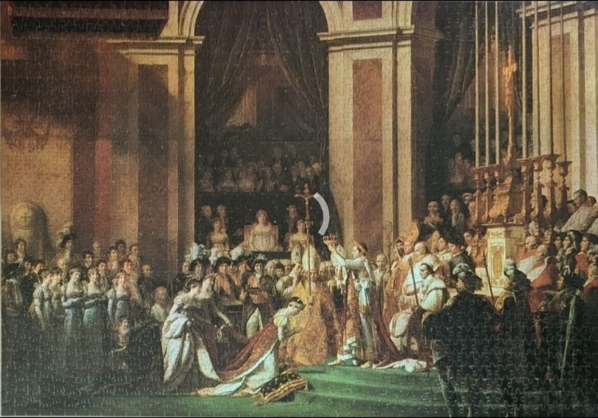 A classic oil painting depicting the coronation ceremony of Napoleon and Josephine.