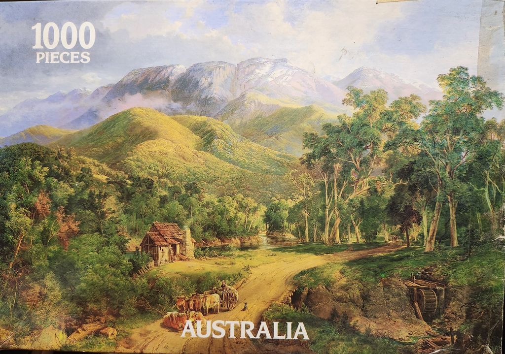 Oil painting of an Australian homestead with a bullock team in a mountain valley.