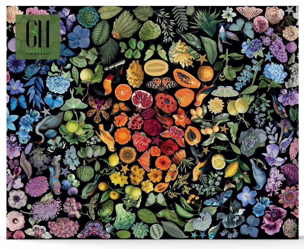 A vibrant collection of plants, flowers, fruits, and insects arranged in a rainbow color spectrum against a black background.