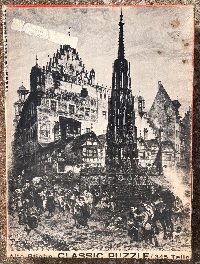 A black and white engraving of a medieval German town square featuring the Schöner Brunnen fountain.
