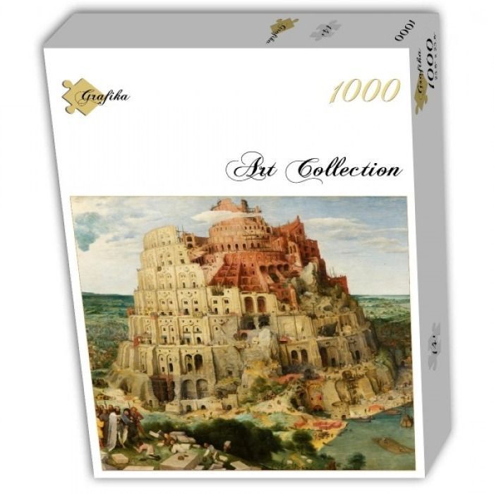 A detailed classical painting of the Tower of Babel rising into a blue sky above a sprawling, detailed landscape.