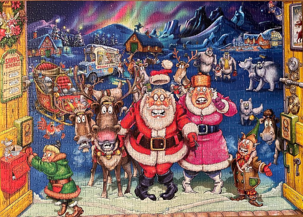 A comedic cartoon illustration of Santa, Mrs. Claus, and various quirky characters in a snowy North Pole setting.