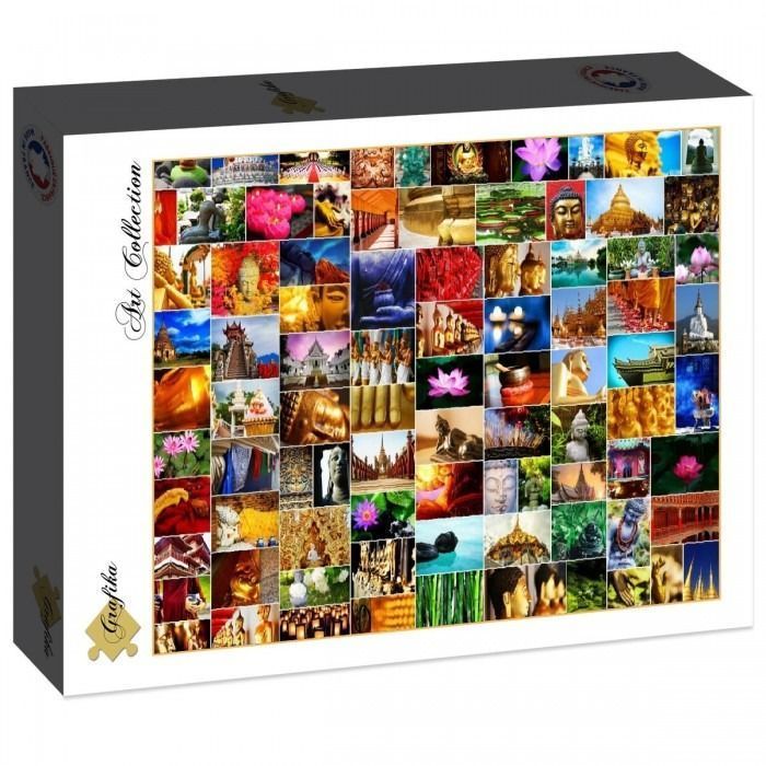 A collage of numerous photographs featuring Buddhist themes, statues, temples, and lotus flowers.