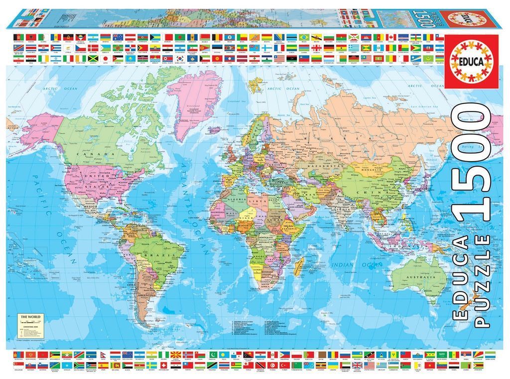A detailed political world map surrounded by a border of national flags.