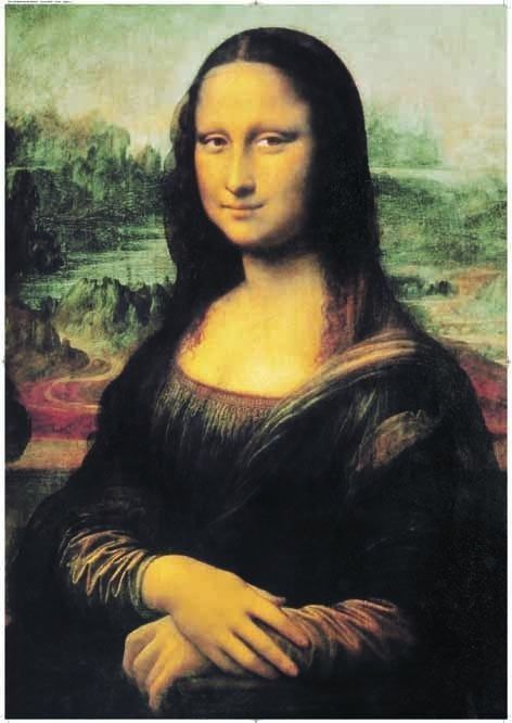 A famous Renaissance portrait of a seated woman with dark hair and a mysterious smile against a distant landscape.