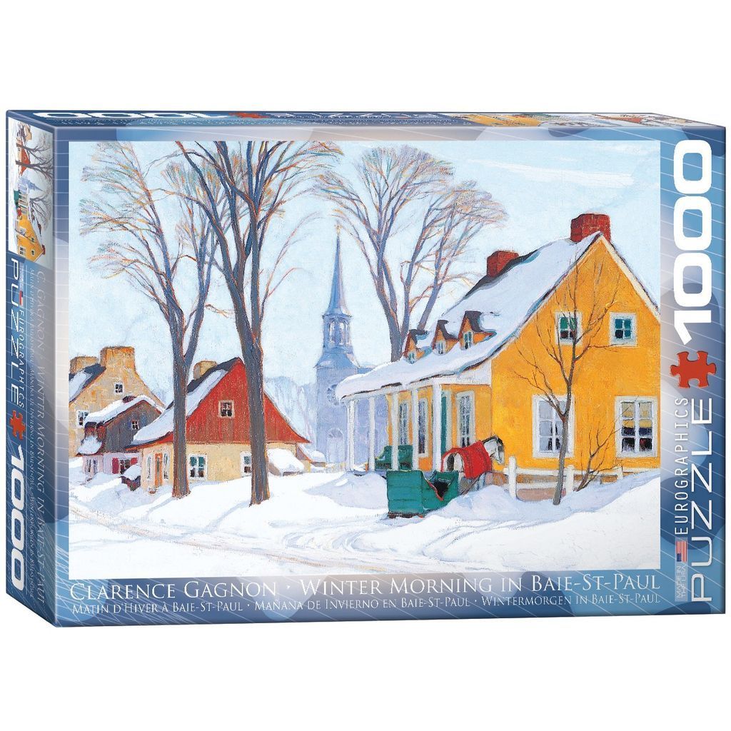 A painting of a bright yellow house in a snowy village scene by Clarence Gagnon.