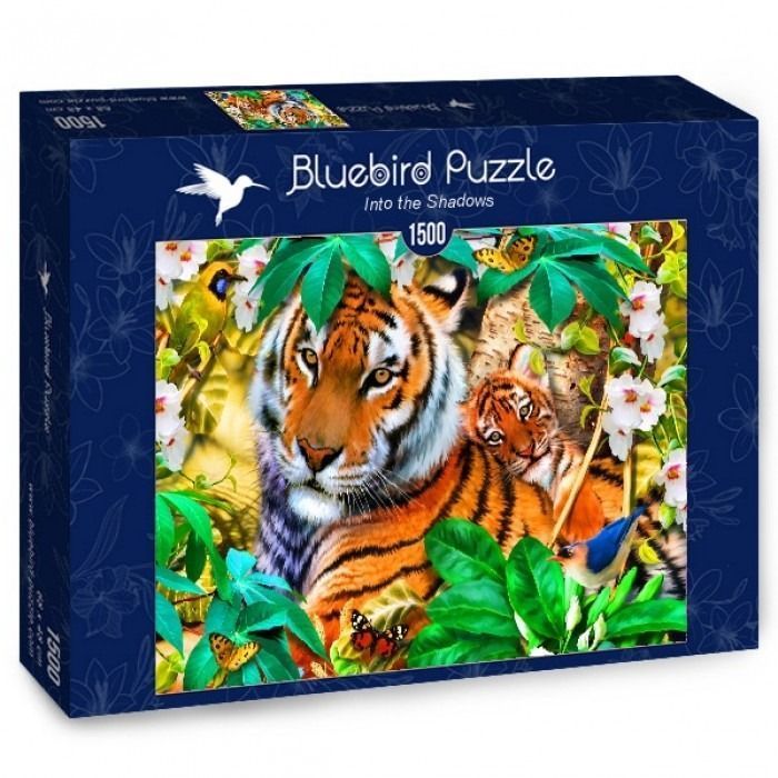 An adult tiger and a cub resting in a lush jungle setting with flowers and butterflies.
