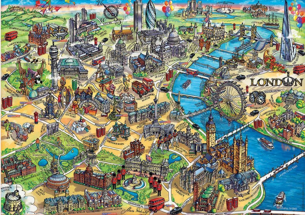 Illustrated birds-eye map of London featuring iconic landmarks, vibrant parks, and winding streets.