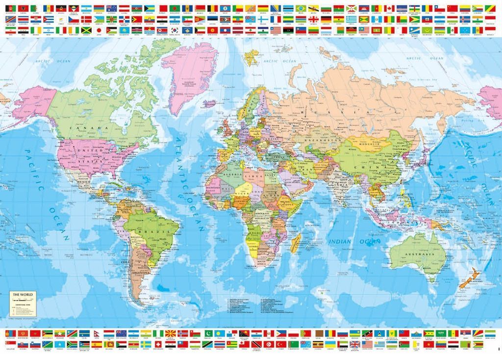 A detailed political world map with national flags bordering the top and bottom edges.