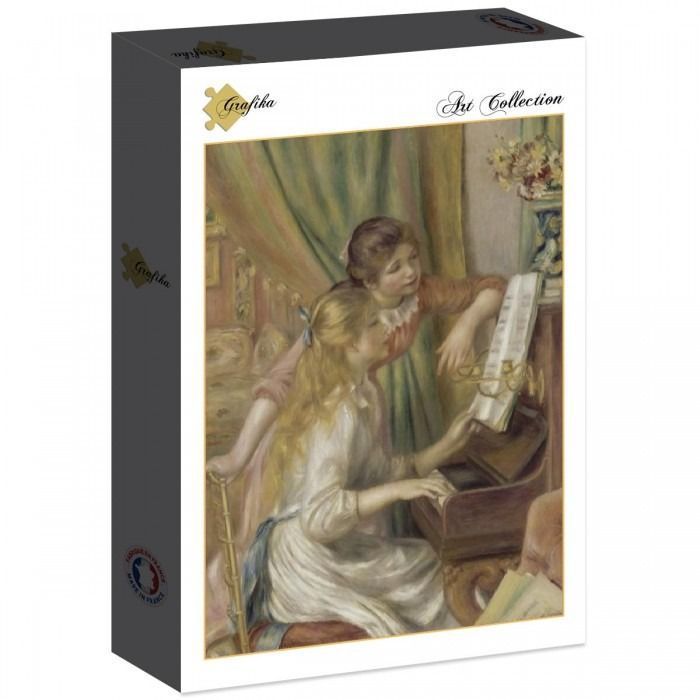 A Renoir-style painting of two young women playing piano together, rendered in soft, impressionistic brushstrokes.