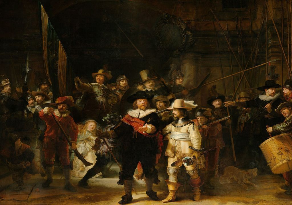 A group of armed men in 17th-century attire led by two central figures stepping forward.