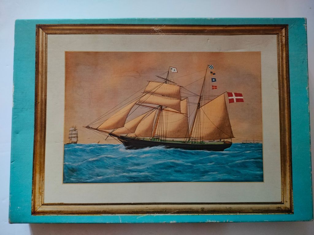 An antique-style painting of a two-masted sailing ship with tan sails on choppy blue water against a warm sky.