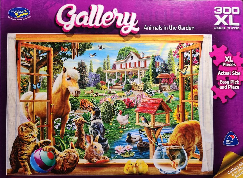 A whimsical garden scene filled with various animals seen through an open window.