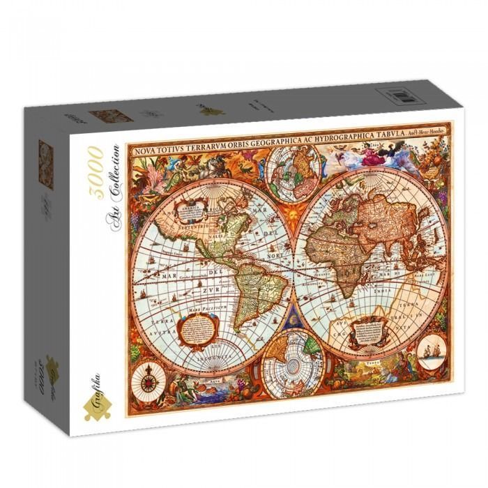 Antique world map featuring twin hemispheres surrounded by ornate mythological illustrations.