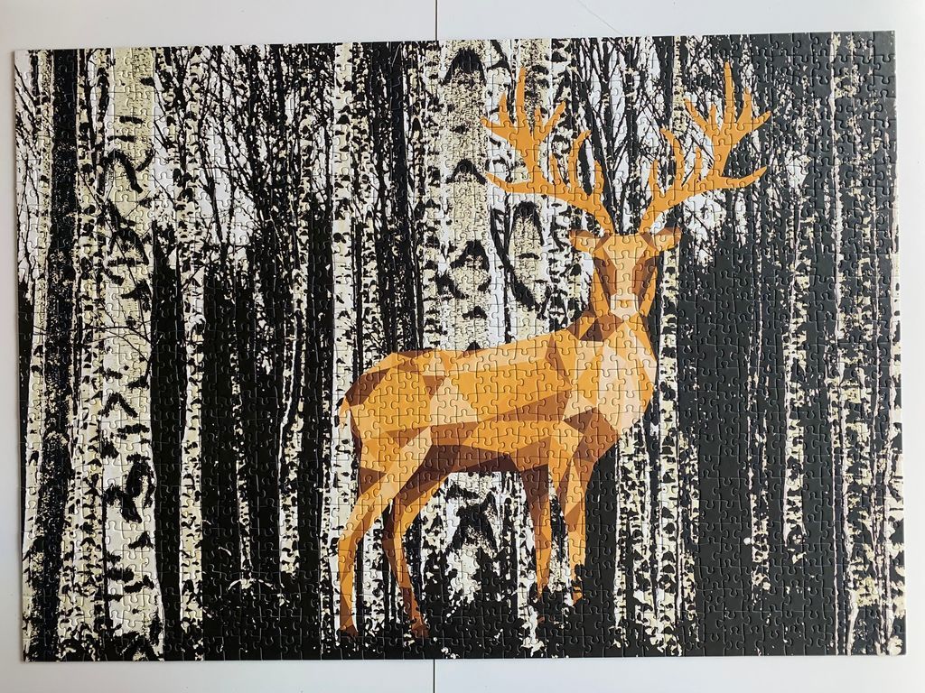 A geometric, orange-gold deer standing in a high-contrast black and white birch forest.