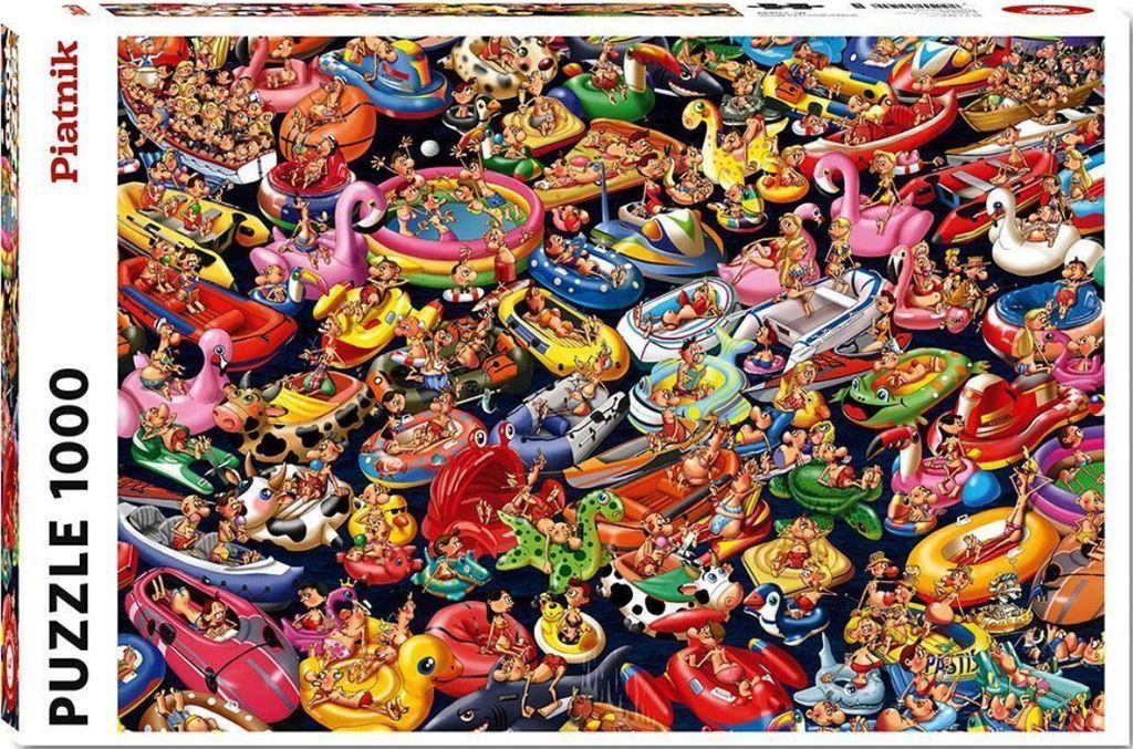 Cartoon illustration of many people crowded onto colorful inflatable pool floats in a dark pool.