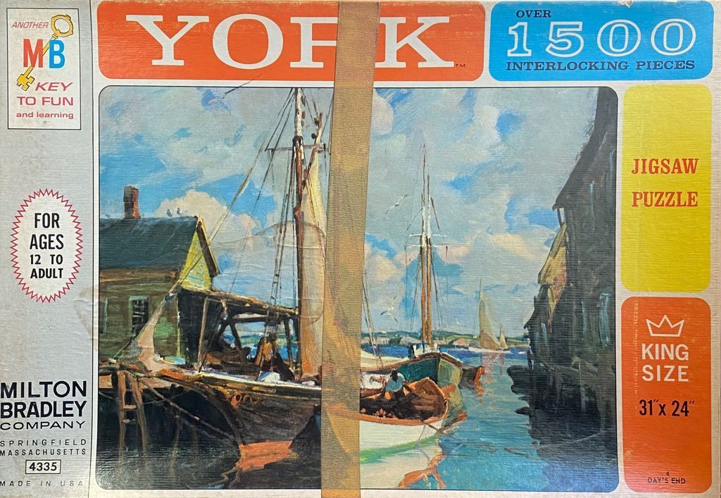 An impressionist oil painting of sailing vessels docked at a quiet harbor with wooden buildings on both sides.