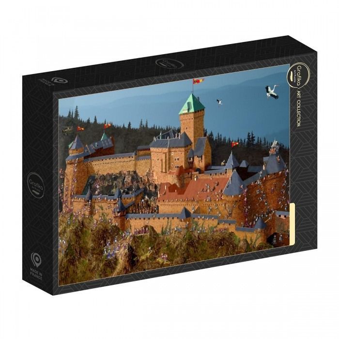 A detailed illustration of a medieval-style castle set against a forested mountainside.