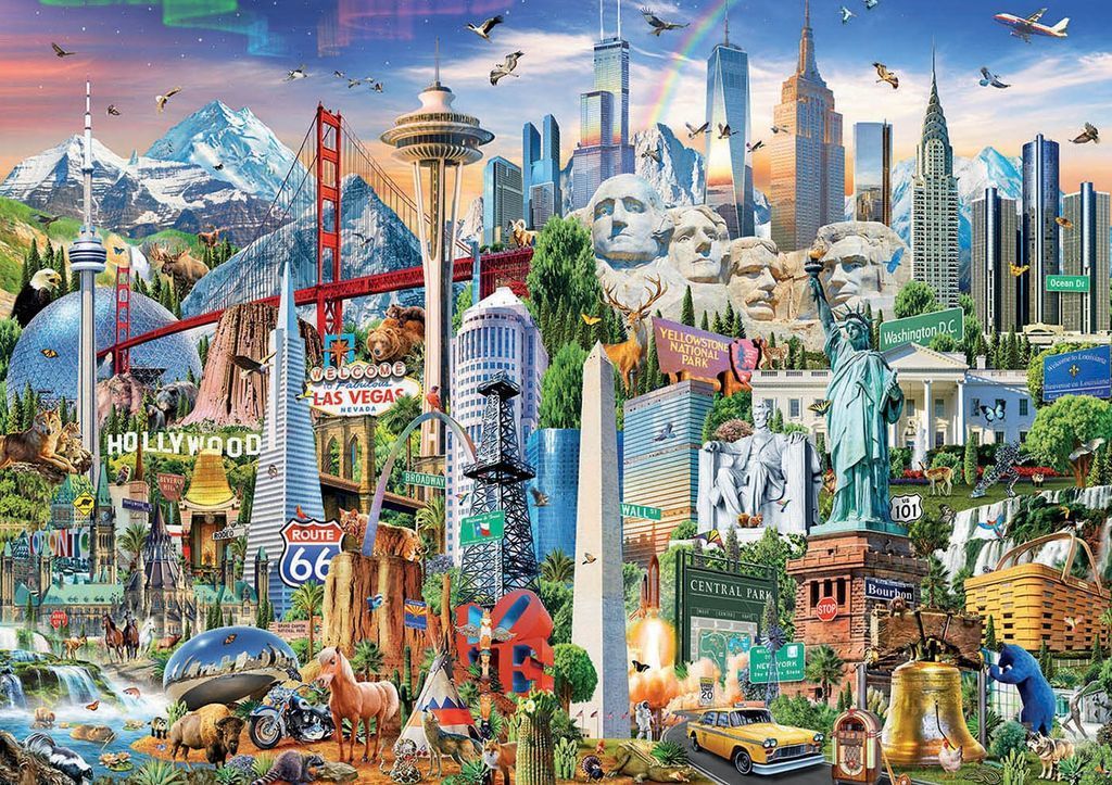 A whimsical collage of iconic American landmarks, wildlife, and symbols arranged in a vibrant, stylized landscape.