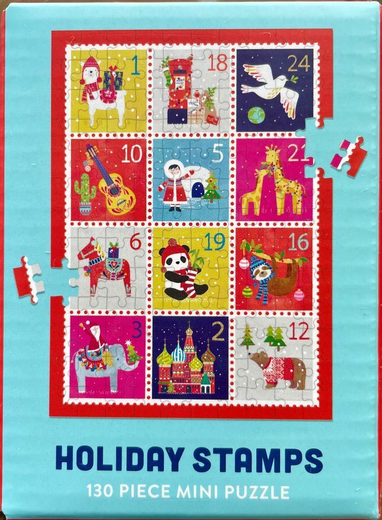 A grid of 12 illustrated Christmas-themed postage stamps featuring animals and seasonal icons.