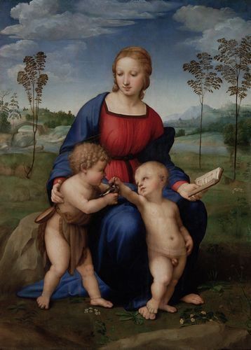 A Renaissance painting of a woman with two young children in a pastoral landscape.