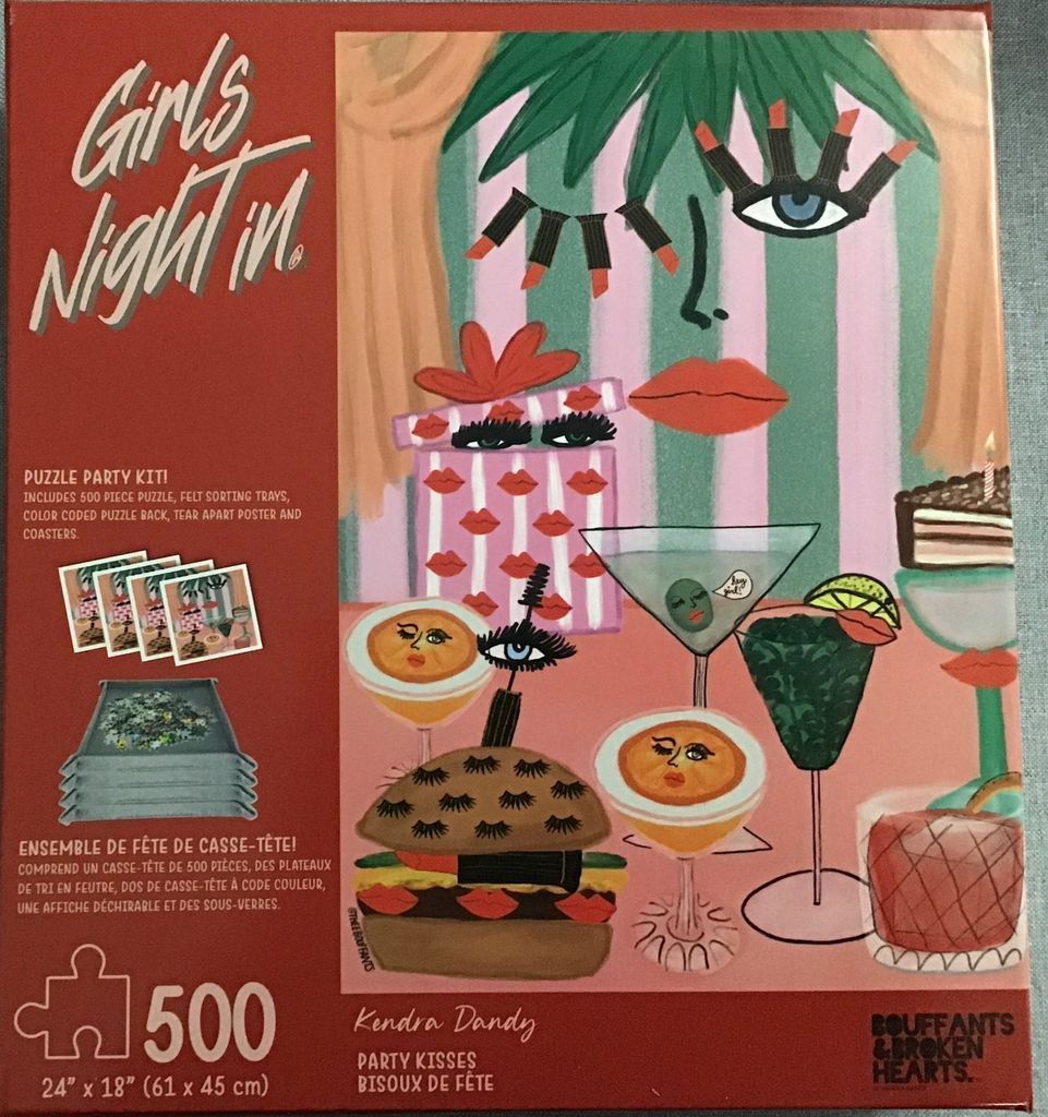 Illustration of a stylized face, party food, and cocktails with surreal, eyelash-themed decorative elements.
