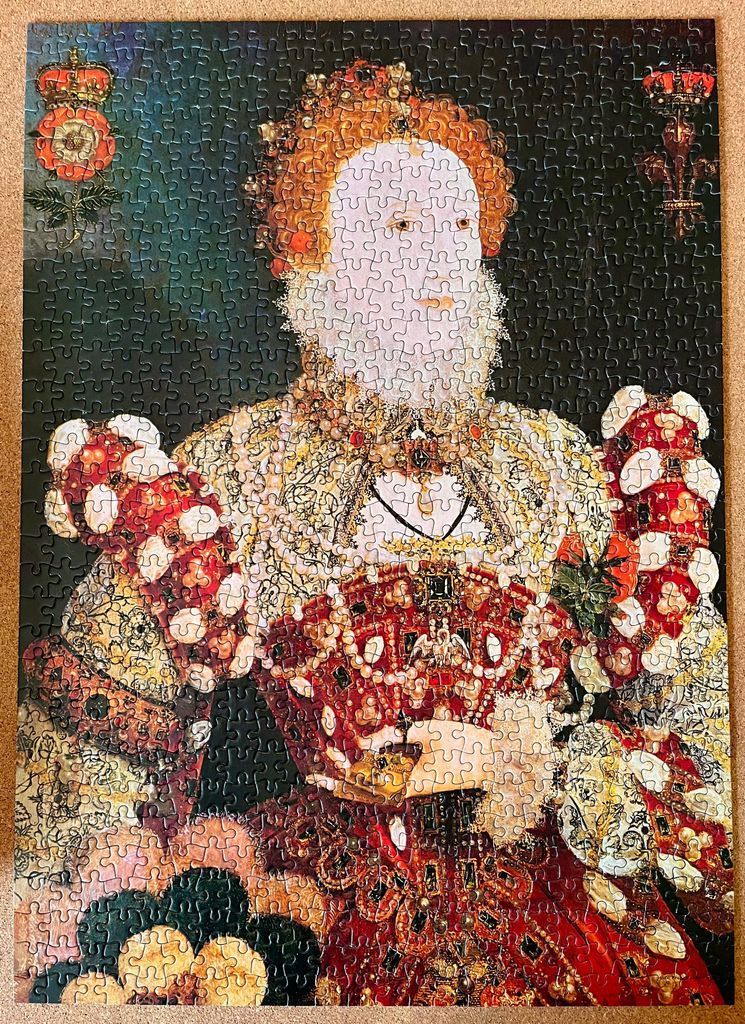 A Renaissance oil painting portrait of Queen Elizabeth I in a lavish, jewel-encrusted dress against a dark background.