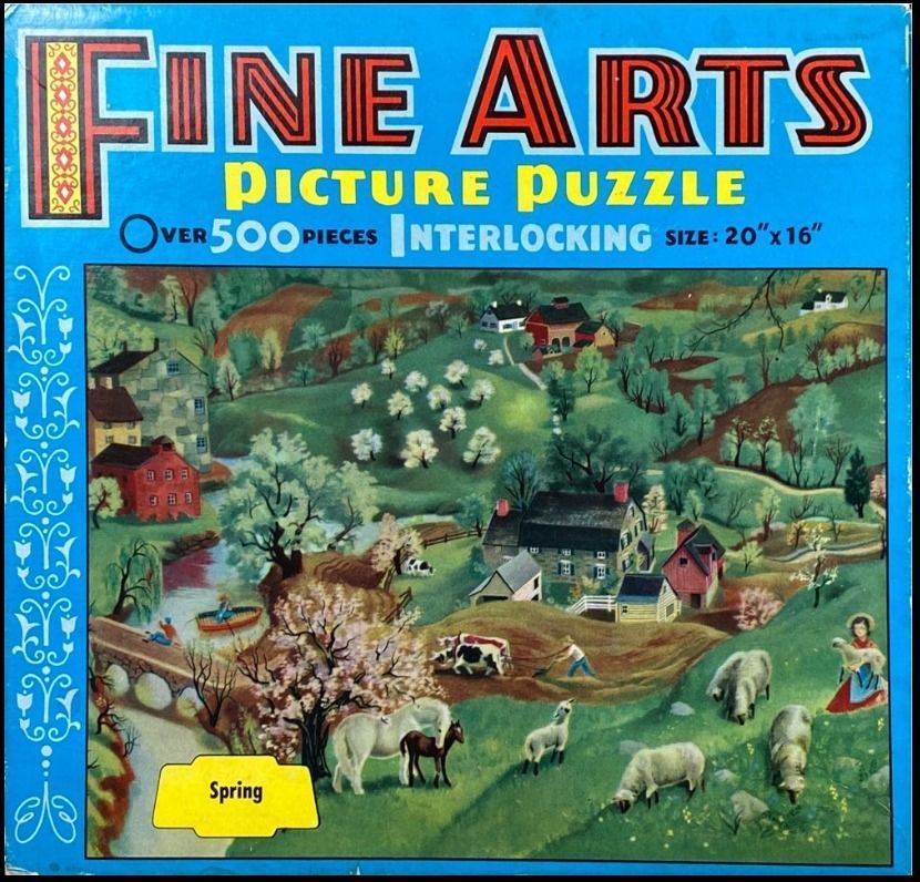 A nostalgic painting of a pastoral spring landscape featuring farm animals, buildings, and a bridge over a river.