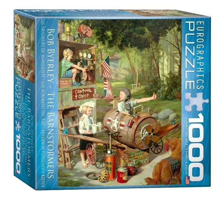 A nostalgic painting of children playing with a homemade barrel airplane in a lush backyard.