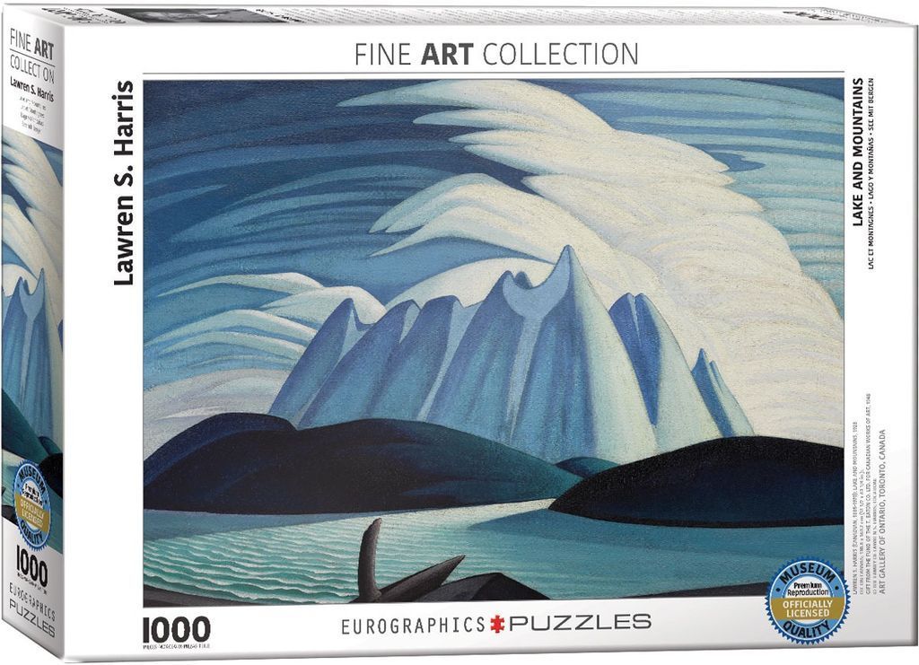 A stylized landscape painting featuring sharp, blue mountains against a dramatic, swirling cloud-filled sky.