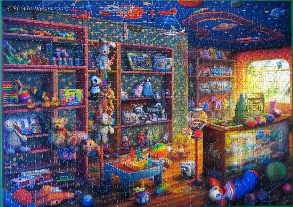 A whimsical illustration of a nostalgic toy store filled with stuffed animals, games, and shelves of trinkets.
