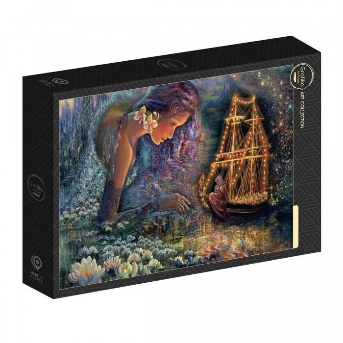 Fantasy illustration of a giant ethereal woman reaching toward a glowing ship on a dark water surface covered in lilies.