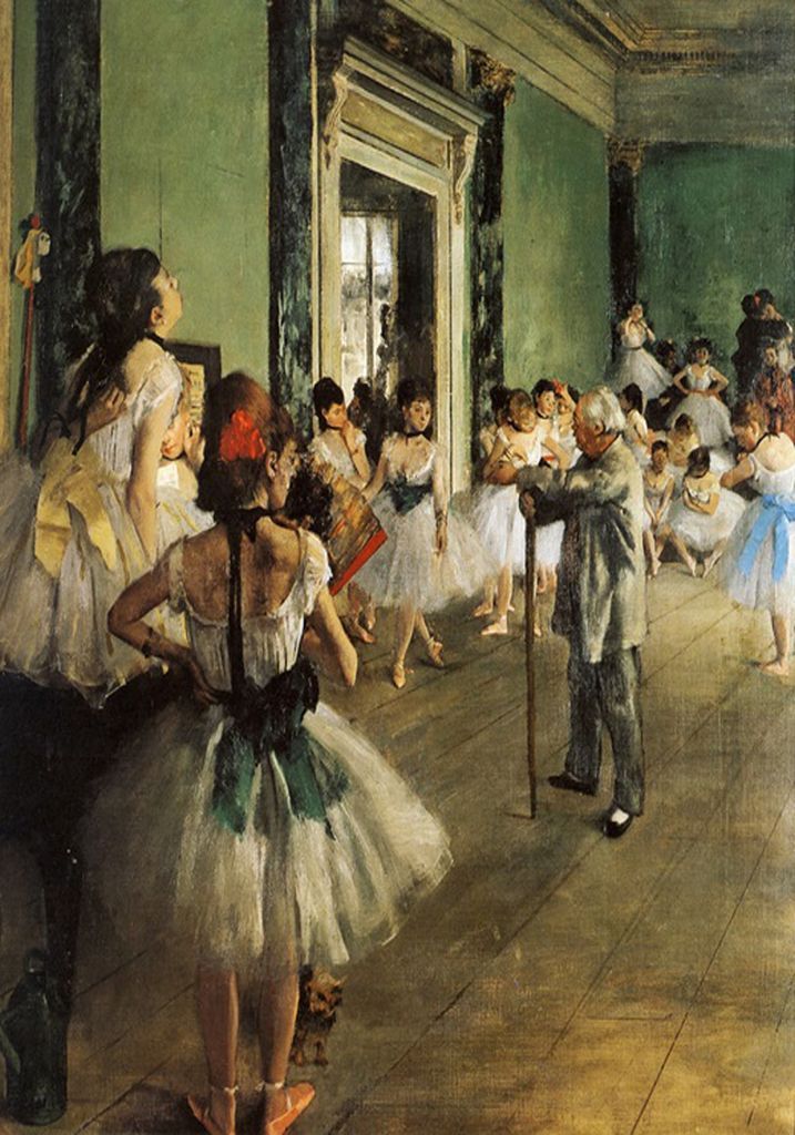 An elderly man with a walking stick observes a group of young ballerinas practicing in a green-walled studio.