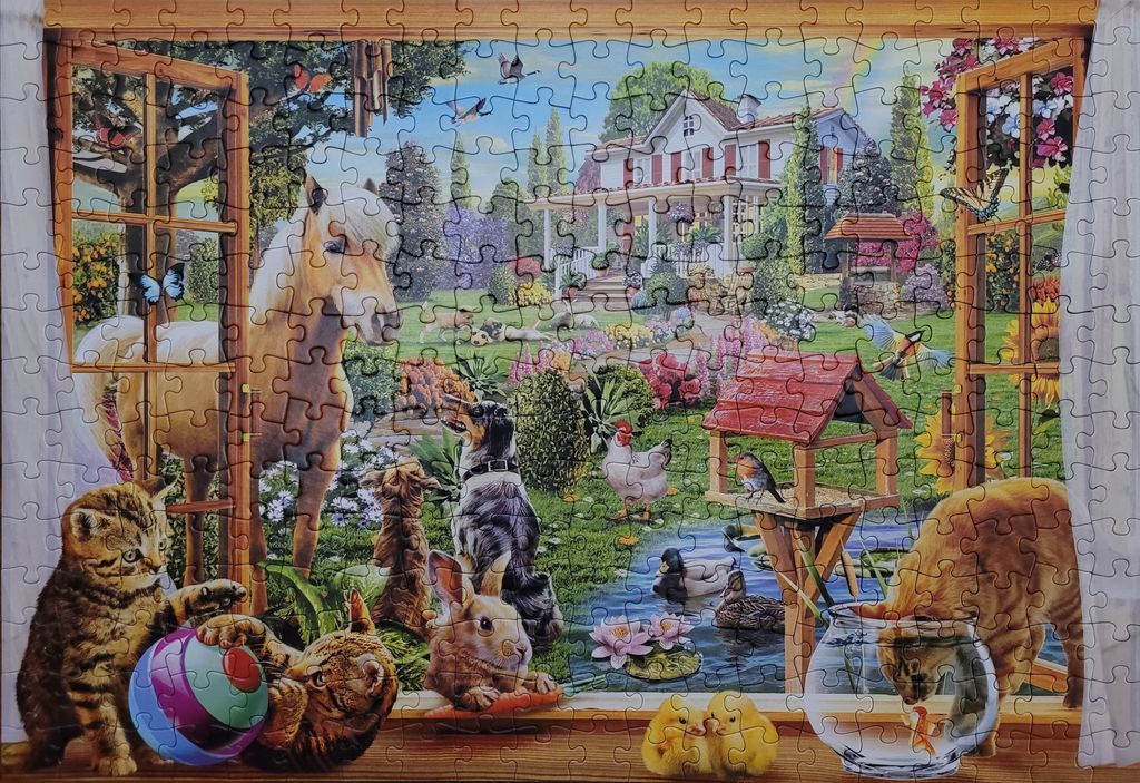 A view through a window onto a vibrant farm scene with a horse, dog, kittens, ducks, and a large country house.