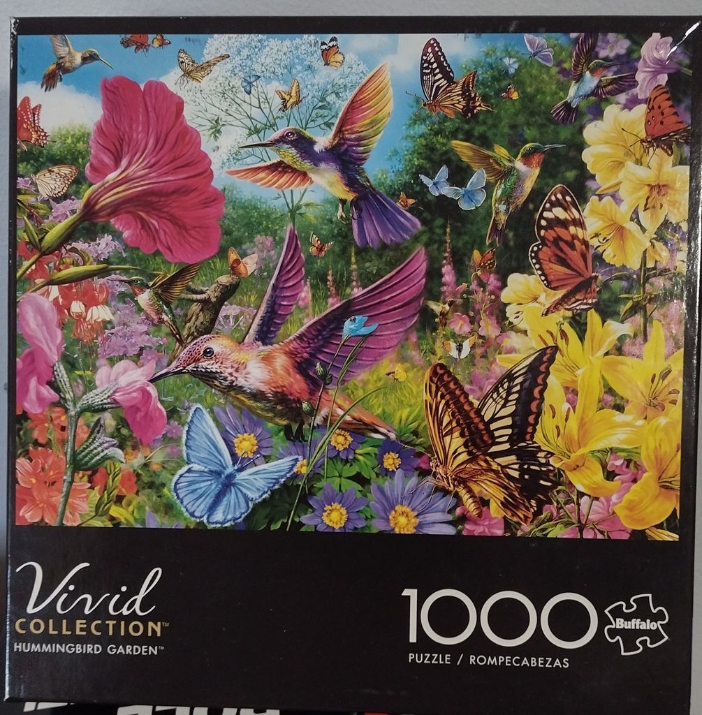 A lush garden scene filled with vibrant hummingbirds and butterflies among bright, colorful flowers.