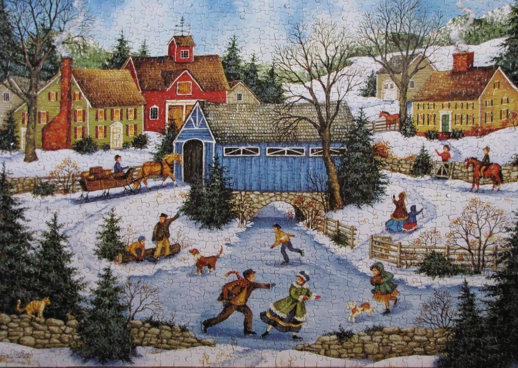 Winter village scene with a covered bridge, ice skaters, and horse-drawn sleigh