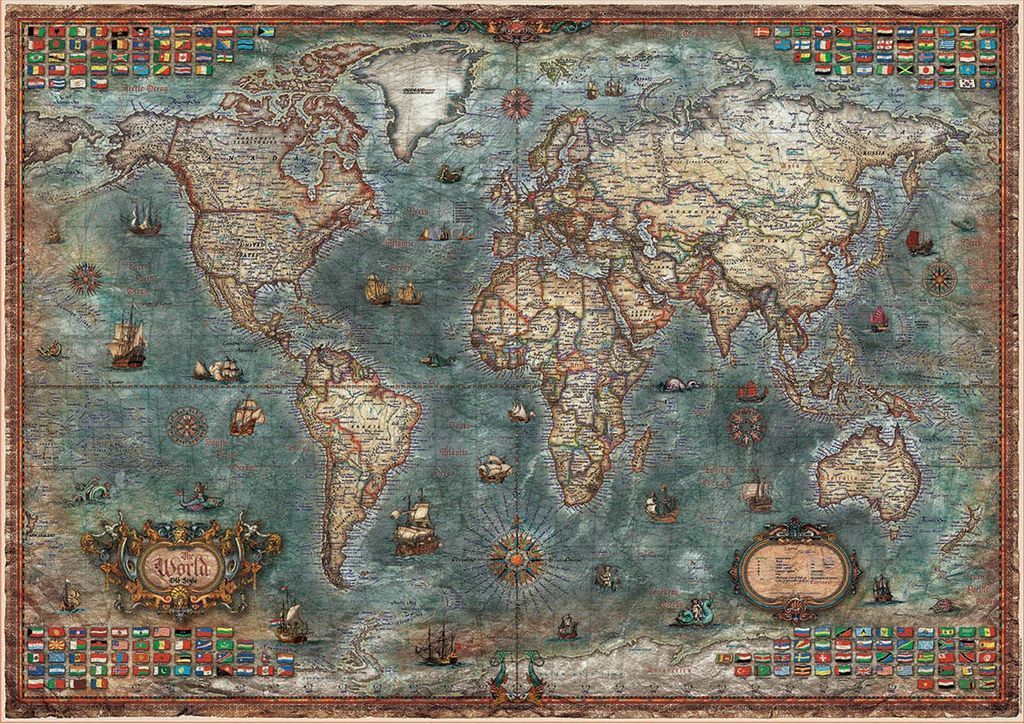 Antique-style world map featuring sailing ships, compass roses, and a border of international flags.