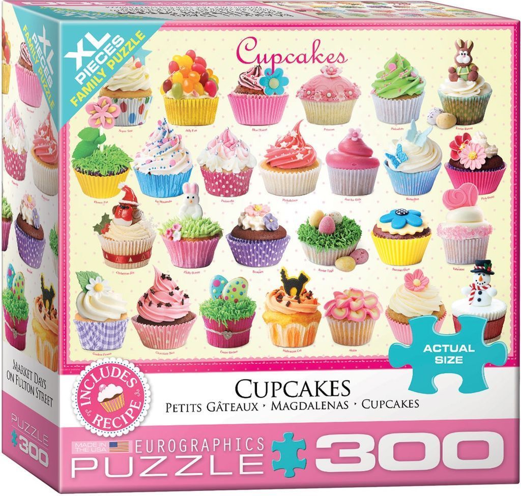 A collection of twenty decorated cupcakes arranged in rows against a pale yellow background.