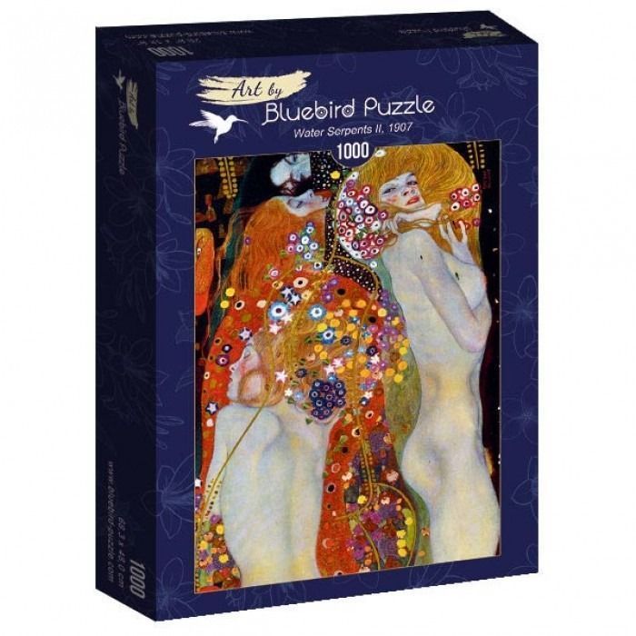 Gustav Klimt's Water Serpents II painting featuring three women entwined in abstract organic and golden patterns.